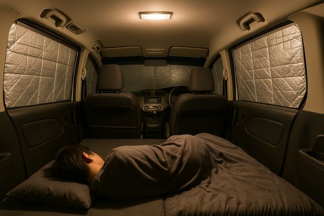 車中泊の目隠しをプラダンと銀マット